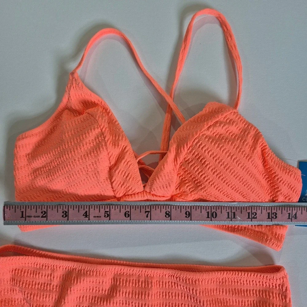 Cupshe Womens Neon Orange Smocked High Waisted Bikini‎ Set Size L New With Tags